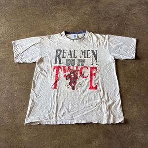 Vintage 90s Belton Real Men Do It Twice Ringer T-Shirt Gray Large Made in USA
